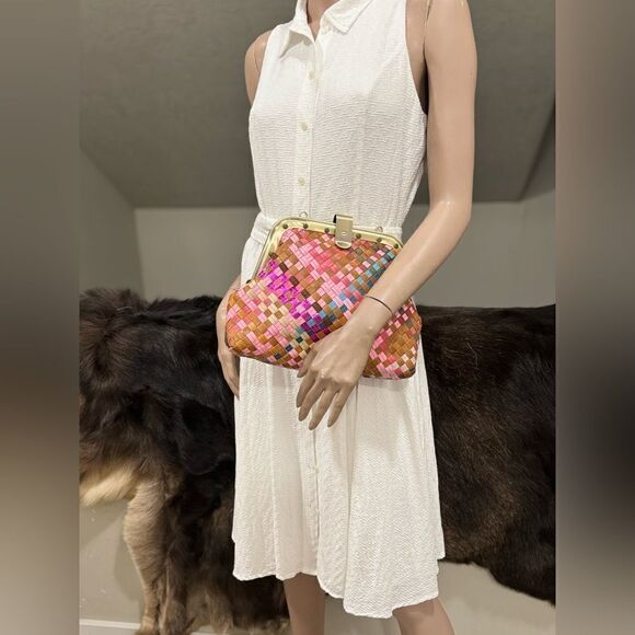 Colorful Genuine Woven Leather Retro Metal Frame & Push Lock Handbag, Crossbody - Picture 10 of 16
